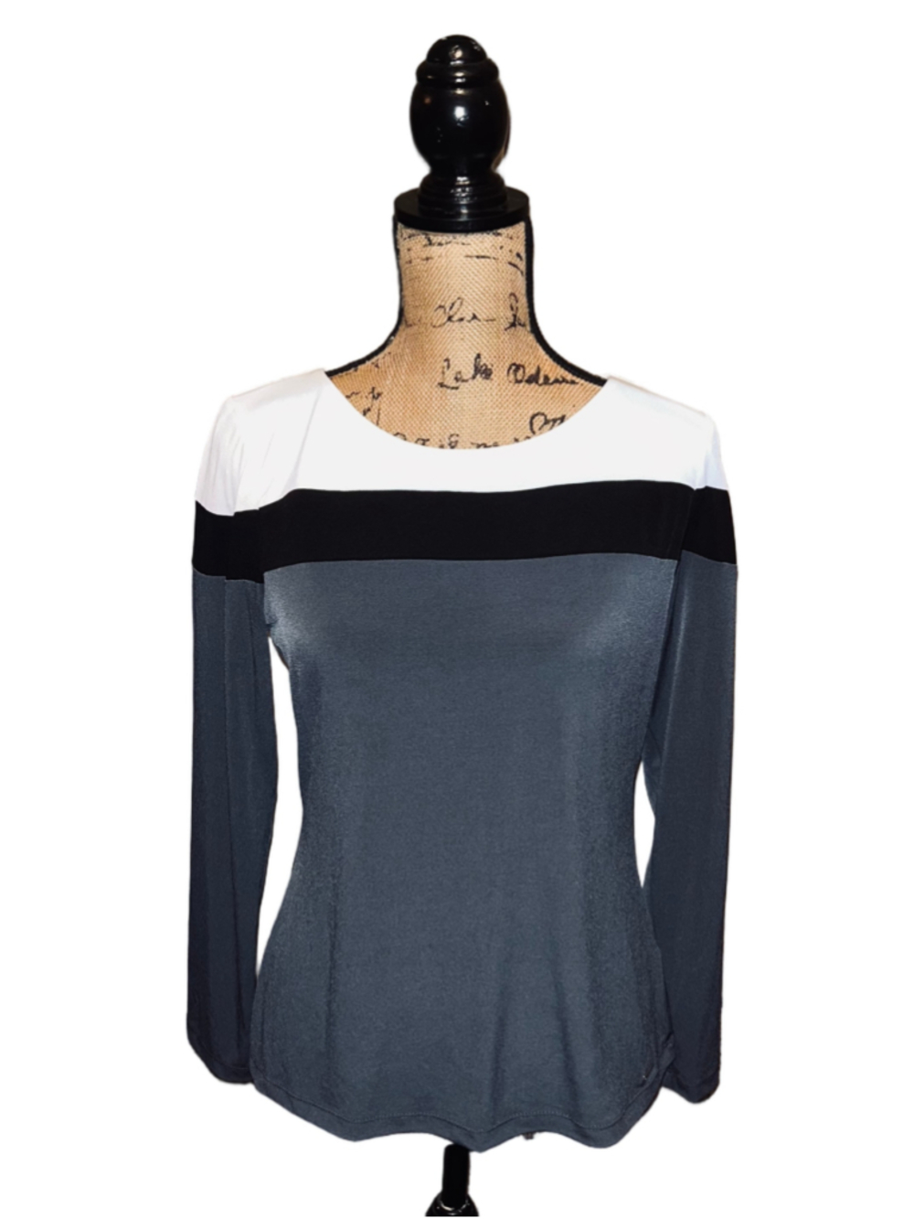 Women's Calvin Klein Long Sleeve Tee Size M Grey White Black Colorblock